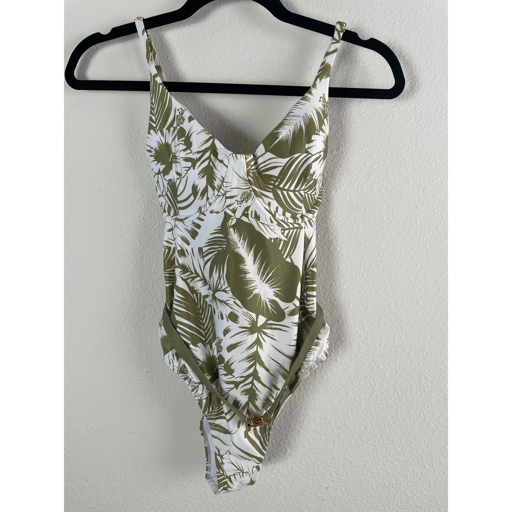 Watercolors Kenny Flowers Womens Medium Tropical Palm Belted One Piece Swimsuit